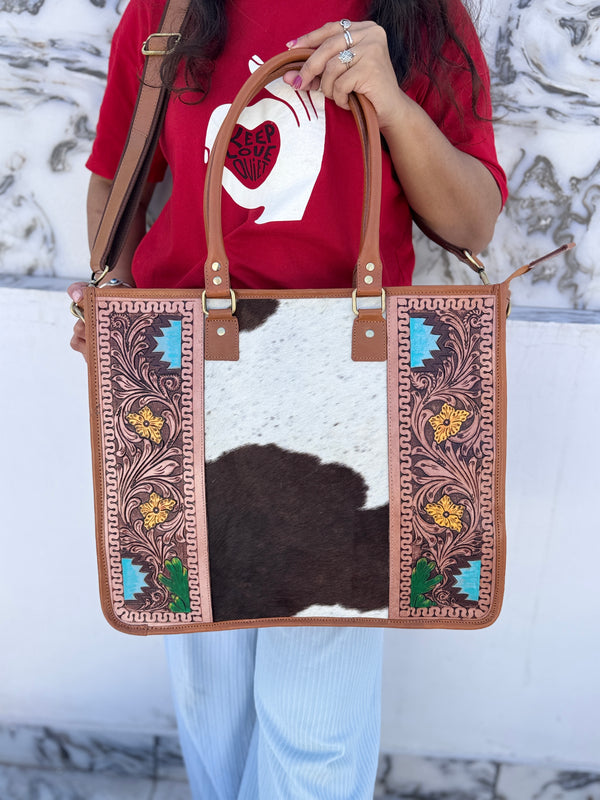Hand Tooled Carving Leather Tote Bag Stylish Leather Purse Cowhide Fur Leather Bags