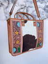 Hand Tooled Carving Leather Tote Bag Stylish Leather Purse Cowhide Fur Leather Bags