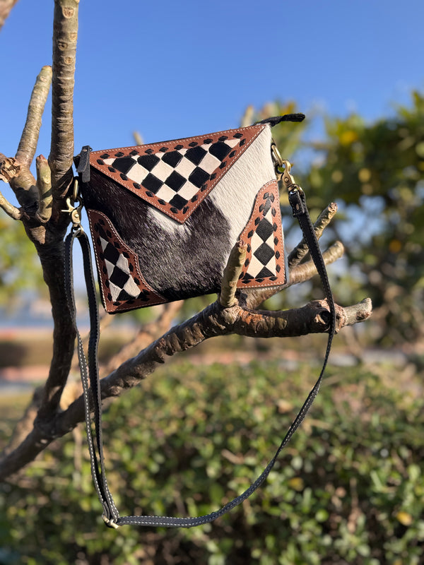 Cowhide Fur Leather Latest Designer Hand Tooled Checker Pattern Handbag