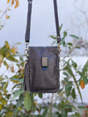 Cowhide Fur Hand Tooled Carving Turquoise Stone Sling Leather Bag Small Size Phone Purse