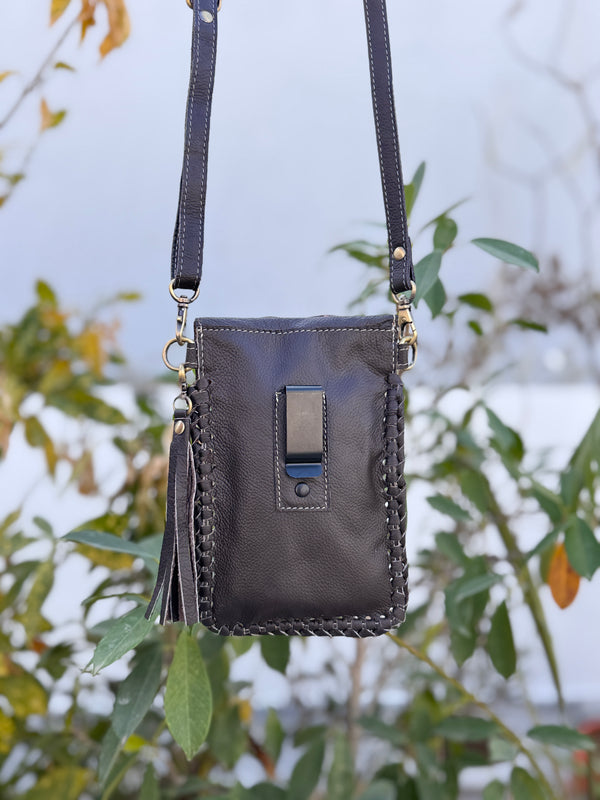 Cowhide Fur Hand Tooled Carving Turquoise Stone Sling Leather Bag Small Size Phone Purse