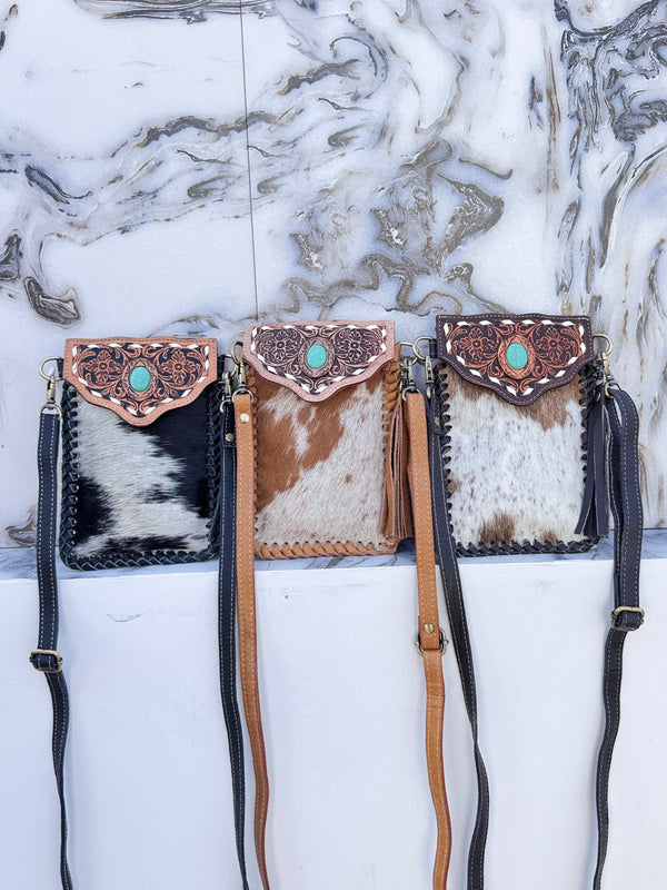 Cowhide Fur Hand Tooled Carving Turquoise Stone Sling Leather Bag Small Size Phone Purse
