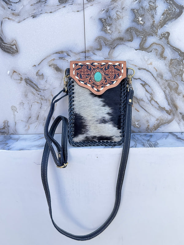 Cowhide Fur Hand Tooled Carving Turquoise Stone Sling Leather Bag Small Size Phone Purse