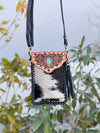 Cowhide Fur Hand Tooled Carving Turquoise Stone Sling Leather Bag Small Size Phone Purse