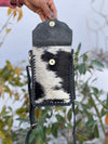 Cowhide Fur Hand Tooled Carving Turquoise Stone Sling Leather Bag Small Size Phone Purse