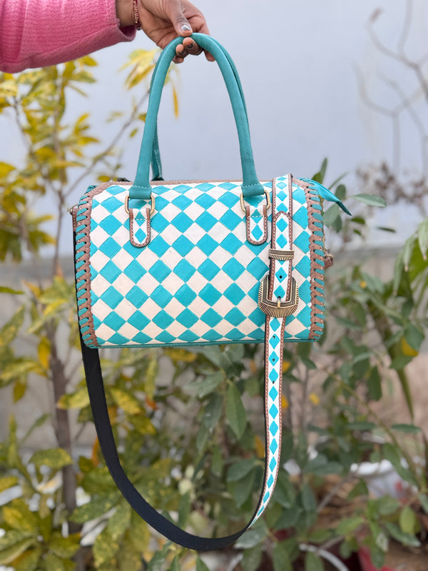 Hand Tooled Carving Leather Tote Bag Gypsy Boho Checker Pattern Shoulder Bag