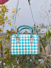 Hand Tooled Carving Leather Tote Bag Gypsy Boho Checker Pattern Shoulder Bag