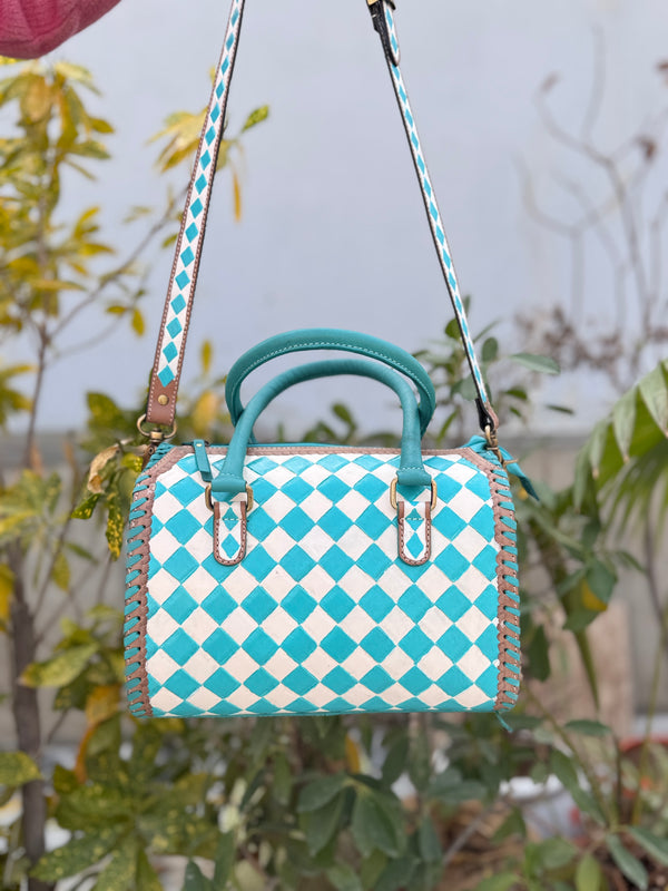 Hand Tooled Carving Leather Tote Bag Gypsy Boho Checker Pattern Shoulder Bag