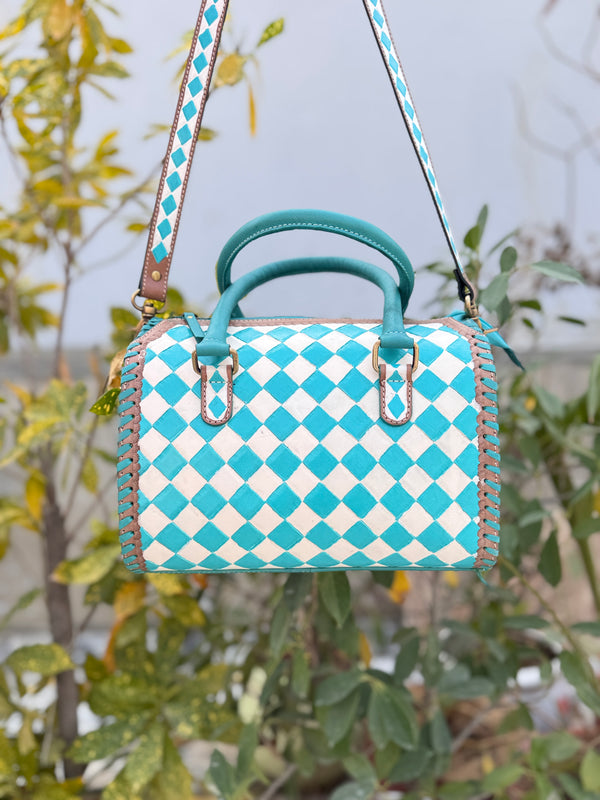 Hand Tooled Carving Leather Tote Bag Gypsy Boho Checker Pattern Shoulder Bag