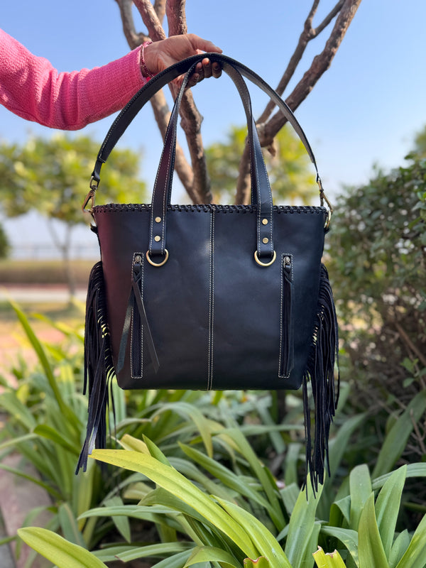Women's Cowhide Fur Leather Tote Bag Handmade Fringe Shoulder Strap Western Style Real Leather Bag