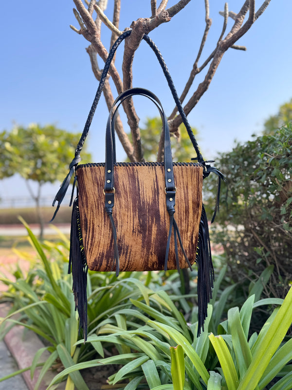 Cowhide Fur Leather Tote Bag Handmade Fringe Shoulder Strap Western Style Real Leather Bag for Girls