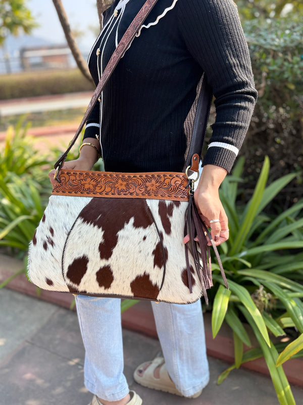Cowhide Fur Leather Tote Bag Stylish Purse Hand Tooled Real Leather Cross Body Bags for Women's Multi Use
