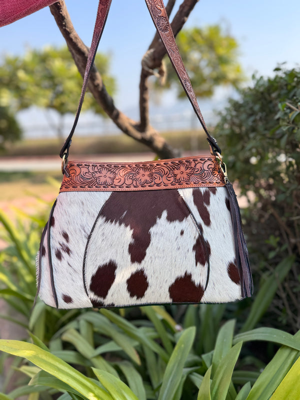 Cowhide Fur Leather Tote Bag Stylish Purse Hand Tooled Real Leather Cross Body Bags for Women's Multi Use