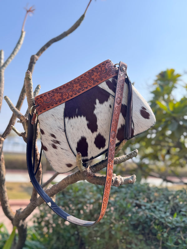 Cowhide Fur Leather Tote Bag Stylish Purse Hand Tooled Real Leather Cross Body Bags for Women's Multi Use