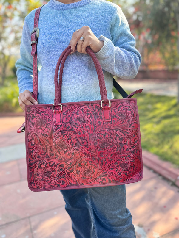 Hand Tooled Carving Leather Fringe Tote Bag High Quality Big Size Bag for Women's Use