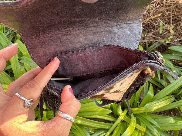 Phone Purse Real Cowhide Fur Leather Fringe Hand Tooled Carving Checker Pattern Sling Bag