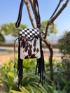 Phone Purse Real Cowhide Fur Leather Fringe Hand Tooled Carving Checker Pattern Sling Bag