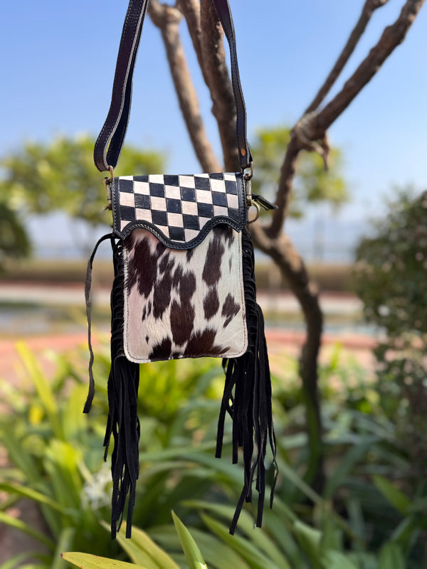 Phone Purse Real Cowhide Fur Leather Fringe Hand Tooled Carving Checker Pattern Sling Bag