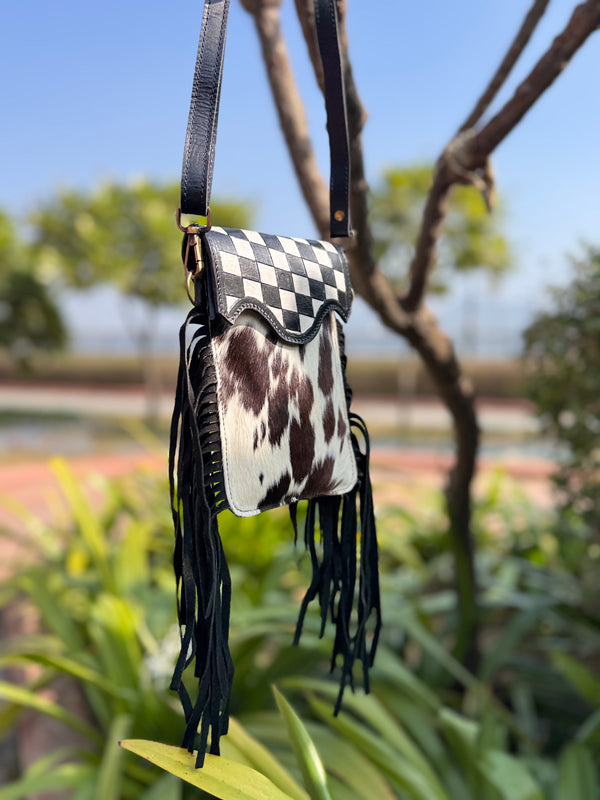Phone Purse Real Cowhide Fur Leather Fringe Hand Tooled Carving Checker Pattern Sling Bag
