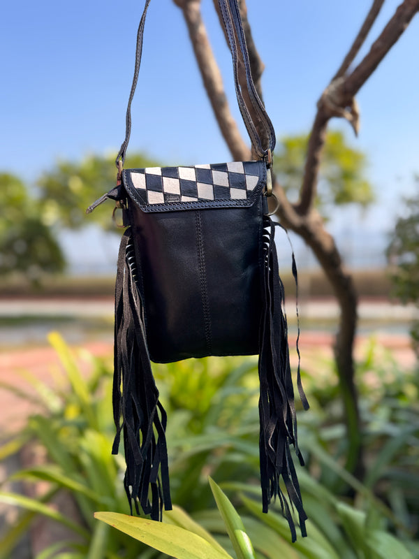 Phone Purse Real Cowhide Fur Leather Fringe Hand Tooled Carving Checker Pattern Sling Bag