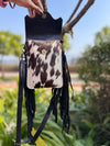 Phone Purse Real Cowhide Fur Leather Fringe Hand Tooled Carving Checker Pattern Sling Bag