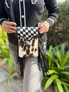 Phone Purse Real Cowhide Fur Leather Fringe Hand Tooled Carving Checker Pattern Sling Bag