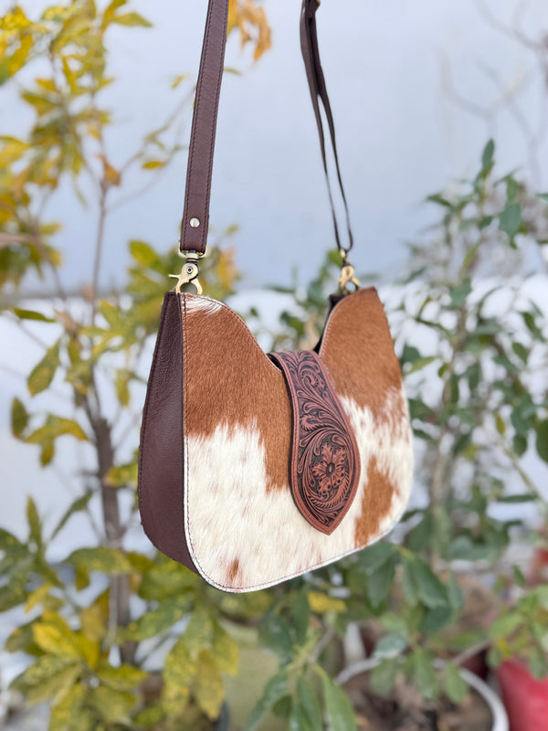 Hand Tooled Leather Sling Bag Gypsy Boho Cowhide Fur leather Handmade Handbag