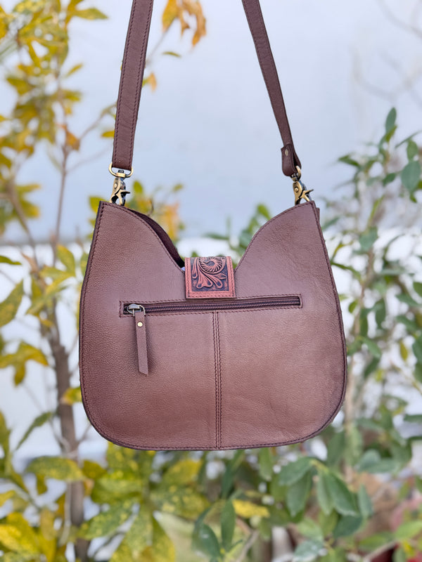 Hand Tooled Leather Sling Bag Gypsy Boho Cowhide Fur leather Handmade Handbag