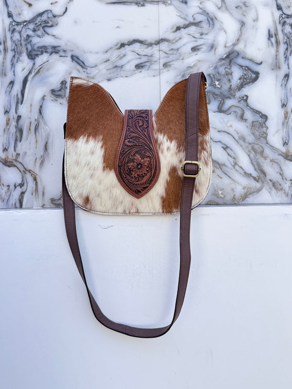 Hand Tooled Leather Sling Bag Gypsy Boho Cowhide Fur leather Handmade Handbag