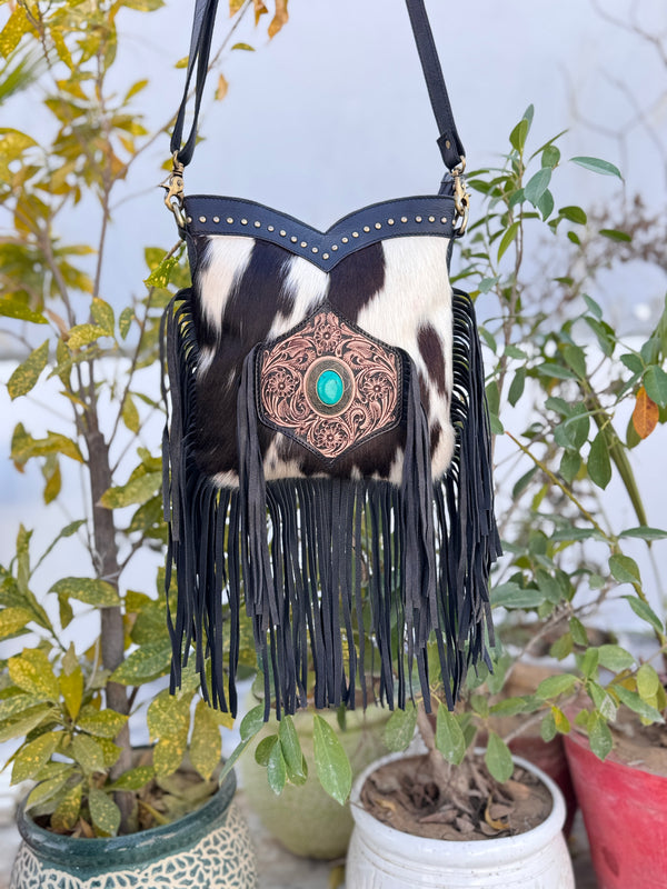 Hand Tooled Leather Fringe Sling Bag Stylish Purse Cowhide Fur Leather Bags