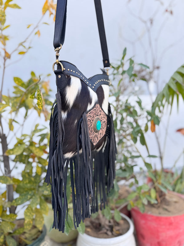 Hand Tooled Leather Fringe Sling Bag Stylish Purse Cowhide Fur Leather Bags