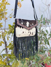 Cowhide Fur Leather Fringe Bag Hand Tooled Leather Cross Body Sling Bag