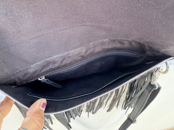 Cowhide Fur Leather Fringe Bag Hand Tooled Leather Cross Body Sling Bag