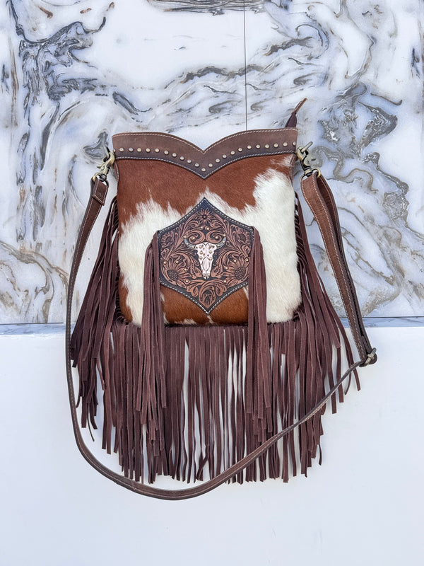 Hand Tooled Leather Fringe Sling Bag Stylish Purse Cowhide Fur Leather Bags