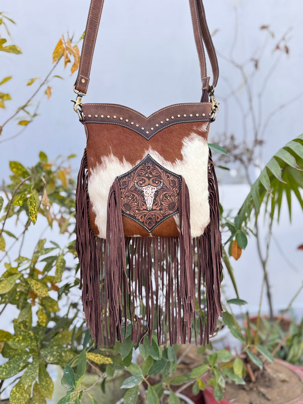 Hand Tooled Leather Fringe Sling Bag Stylish Purse Cowhide Fur Leather Bags