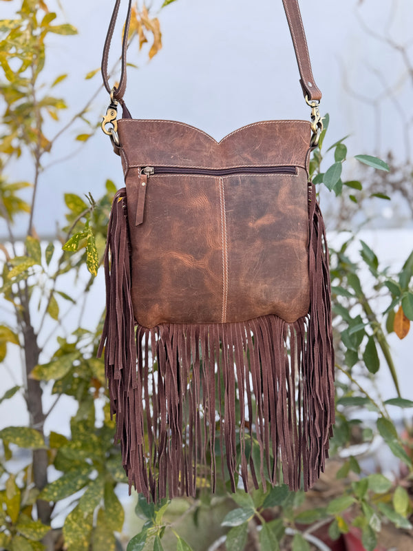 Hand Tooled Leather Fringe Sling Bag Stylish Purse Cowhide Fur Leather Bags
