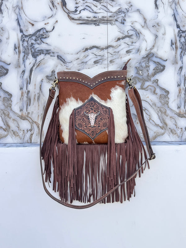 Hand Tooled Leather Fringe Sling Bag Stylish Purse Cowhide Fur Leather Bags