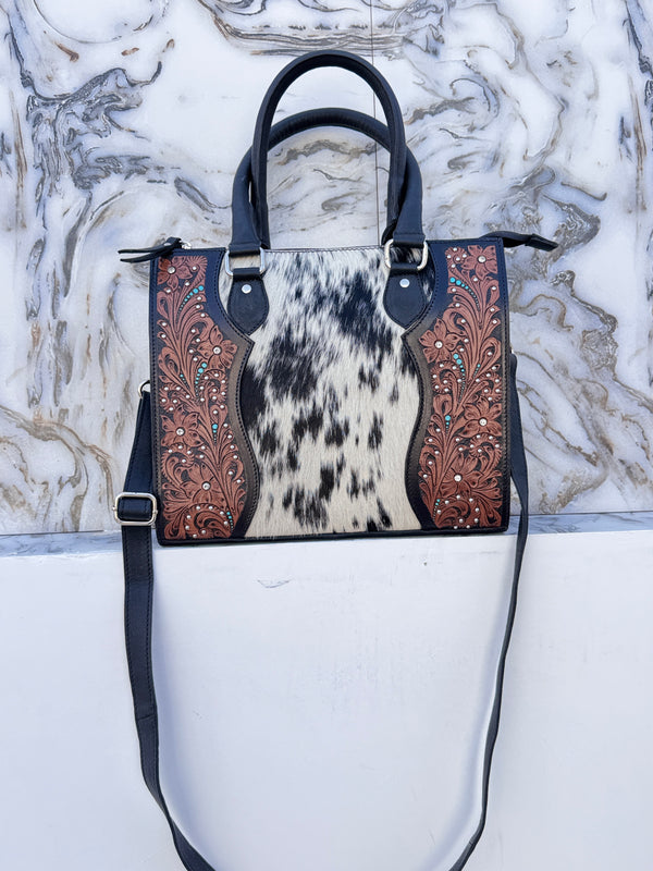 Hand Tooled Carving Leather Tote Bag Cowhide Fur Gypsy Boho Vintage Cross body Shoulder Bag