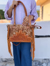 Real Cowhide Leather Western Style Bag Hand Tooled Carving Fringe Tote Bag