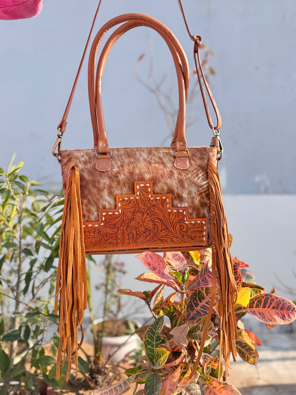 Real Cowhide Leather Western Style Bag Hand Tooled Carving Fringe Tote Bag