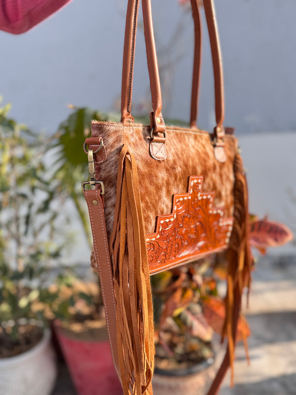 Real Cowhide Leather Western Style Bag Hand Tooled Carving Fringe Tote Bag