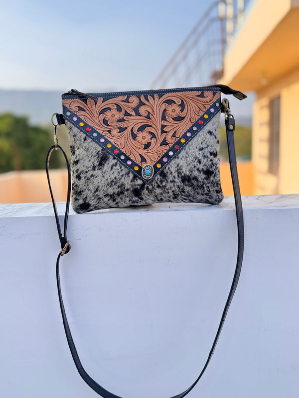 Hand Tooled Carving Leather Handbag Real Cowhide Fur Sling Bag