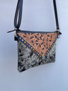 Hand Tooled Carving Leather Handbag Real Cowhide Fur Sling Bag