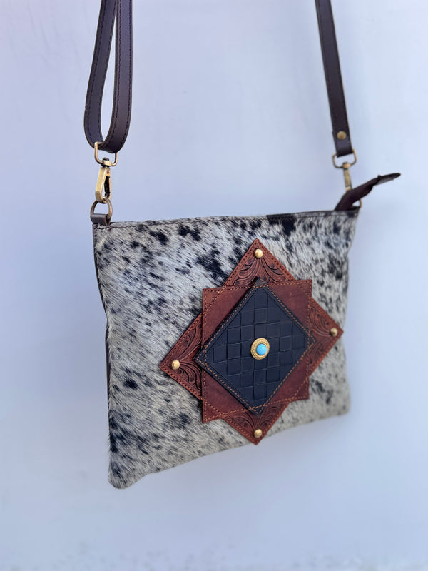 Hand Tooled Carving Leather Handbag Real Cowhide Fur Sling Bag