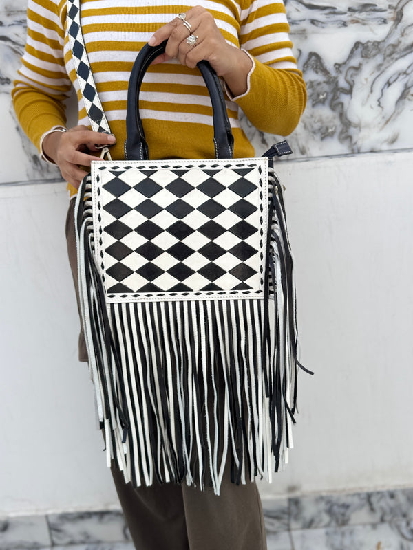 Hand Tooled Leather Fringe Bag Gypsy Boho Real Leather Handmade Western Stylish Checkers Pattern Bag