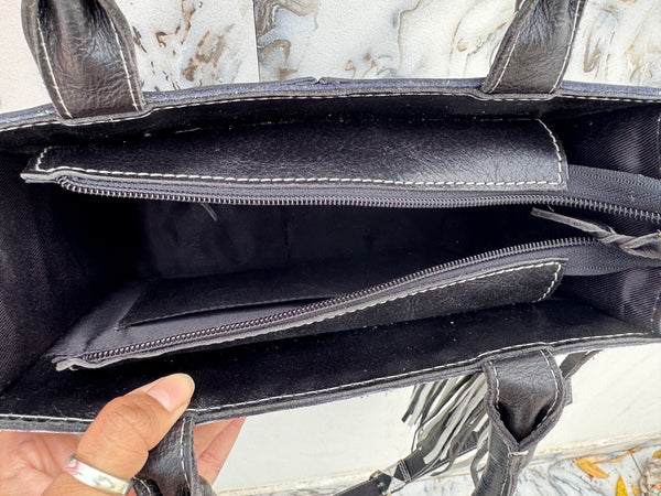 Hand Tooled Leather Fringe Bag Gypsy Boho Real Leather Handmade Western Stylish Checkers Pattern Bag