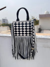 Hand Tooled Leather Fringe Bag Gypsy Boho Real Leather Handmade Western Stylish Checkers Pattern Bag