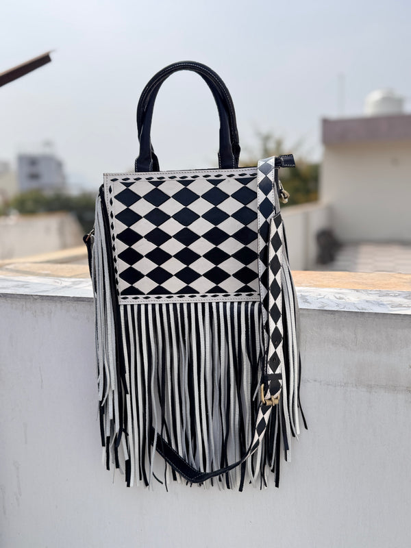 Hand Tooled Leather Fringe Bag Gypsy Boho Real Leather Handmade Western Stylish Checkers Pattern Bag