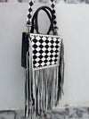 Hand Tooled Leather Fringe Bag Gypsy Boho Real Leather Handmade Western Stylish Checkers Pattern Bag