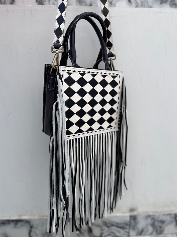 Hand Tooled Leather Fringe Bag Gypsy Boho Real Leather Handmade Western Stylish Checkers Pattern Bag